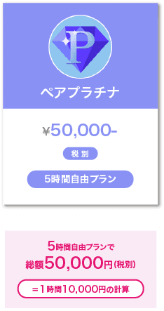 ペアプラチナ ¥50,000-税別 5時間自由プラン 5時間自由プランで総額50,000円(税別)=１時間10,000円の計算